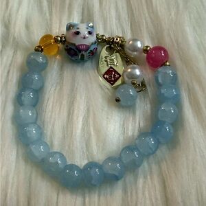 Blue Beaded Bracelet with Lucky Cat Charm